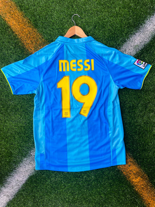 FC Barcelona 2007-2008 Away Jersey – Messi #19 Blue Exclusive Vintage Football Shirt - Five Of Cups Official