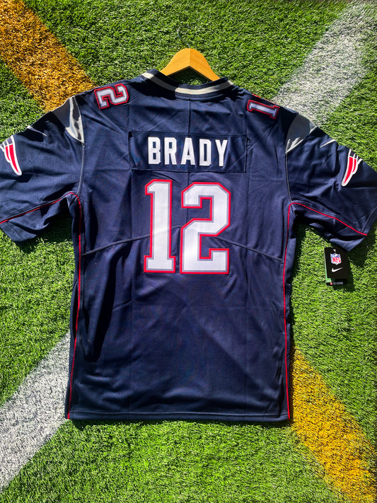 Back view displaying Brady's name and number 12 on Patriots jersey


