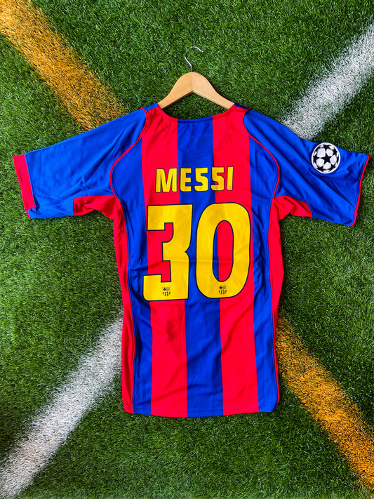 FC Barcelona 2004-2005 Home Jersey – Messi #30 Vintage Champions League Blaugrana Football Shirt - Five Of Cups Official