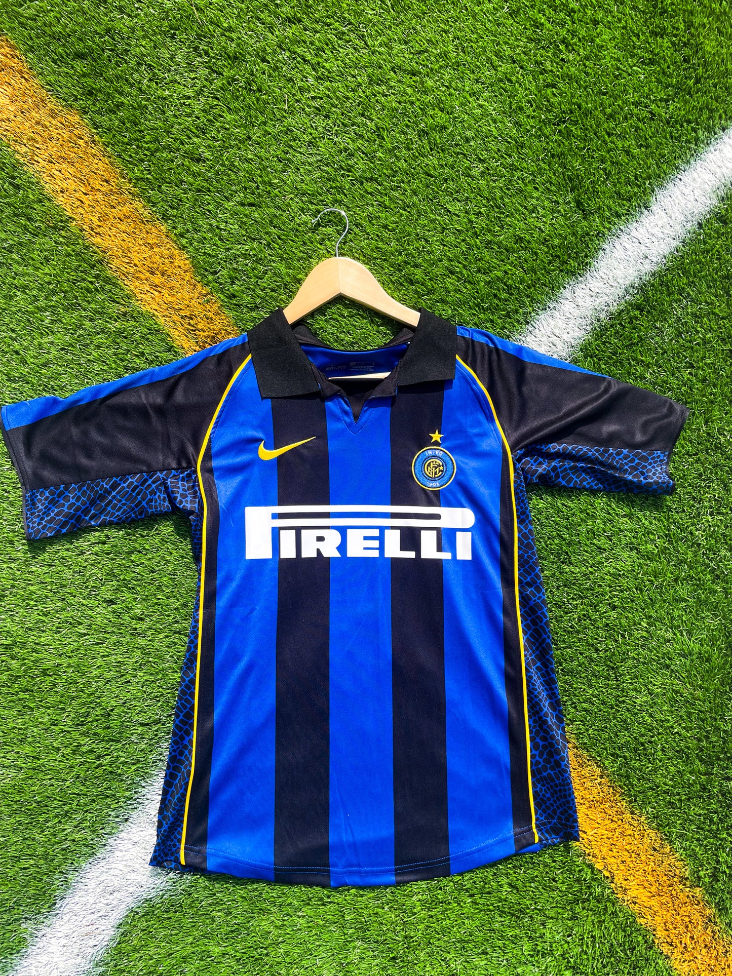 Front view of Inter Milan 2001-02 Home Ronaldo #9 jersey with black and blue vertical stripes

