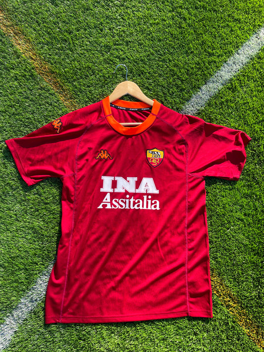 Front view of Roma 2000-2001 Home Totti #10 jersey with deep red and gold accents

