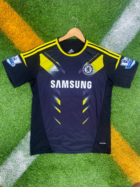 Front view of Chelsea 2012–2013 Third Jersey in black with yellow Adidas stripes

