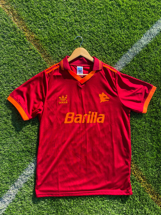 Front view of Roma 1993-1994 Home jersey with deep red and gold Barilla sponsor

