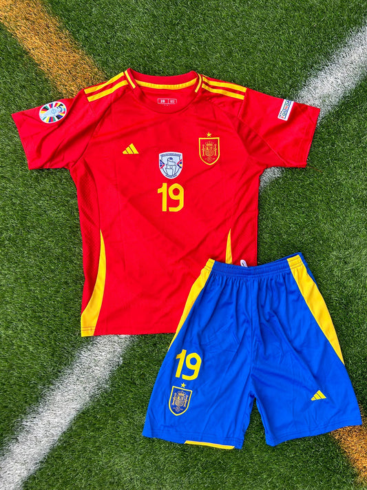 Front of Spain 2024 home kids jersey in red with Adidas design