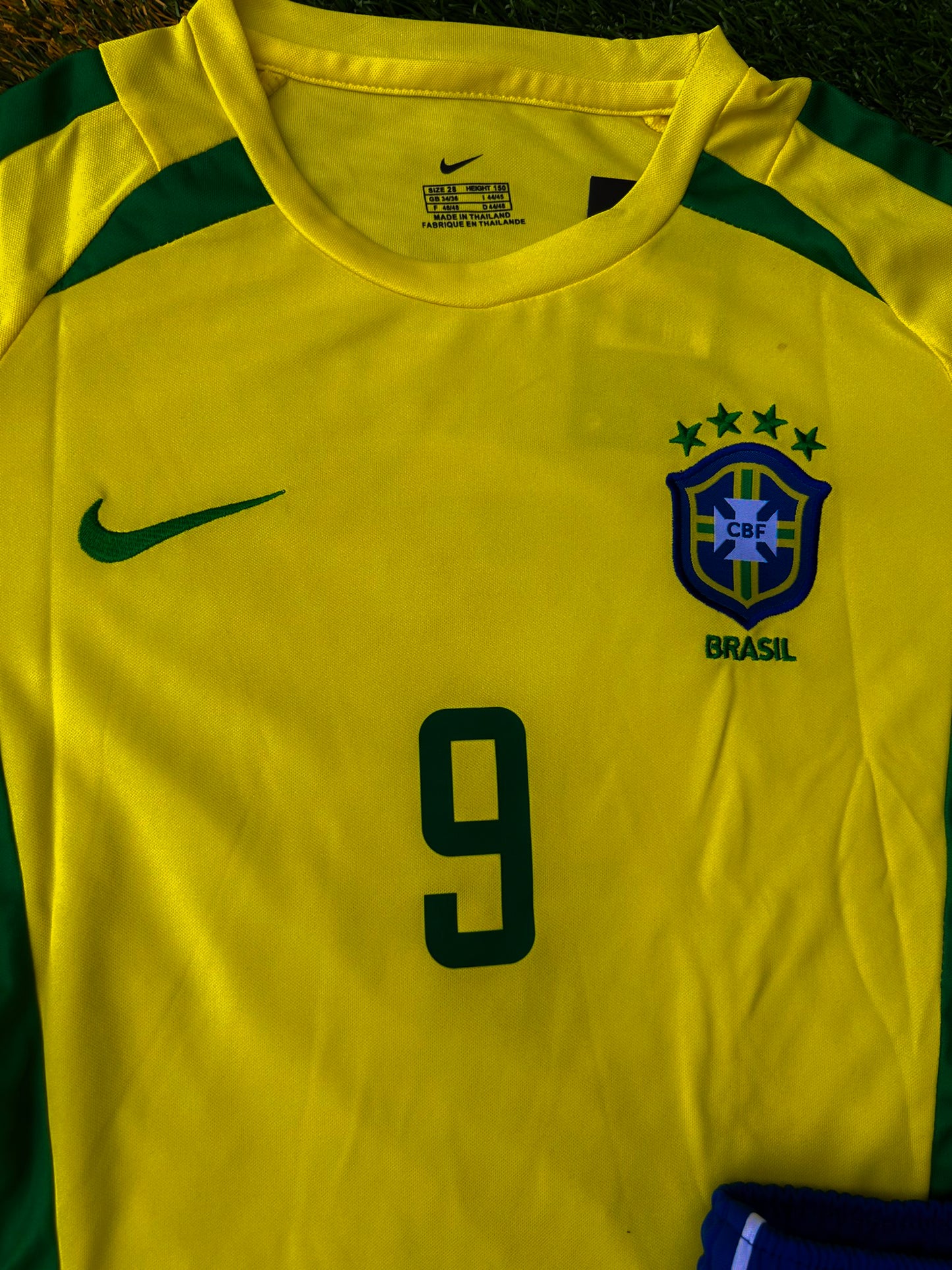 Close-up of embroidered crest and green sleeve trim