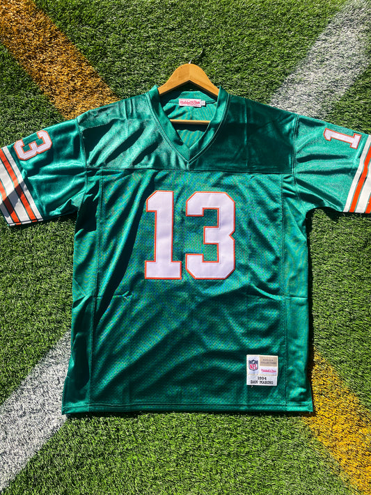 Front view of Miami Dolphins 1984 Dan Marino #13 aqua throwback jersey


