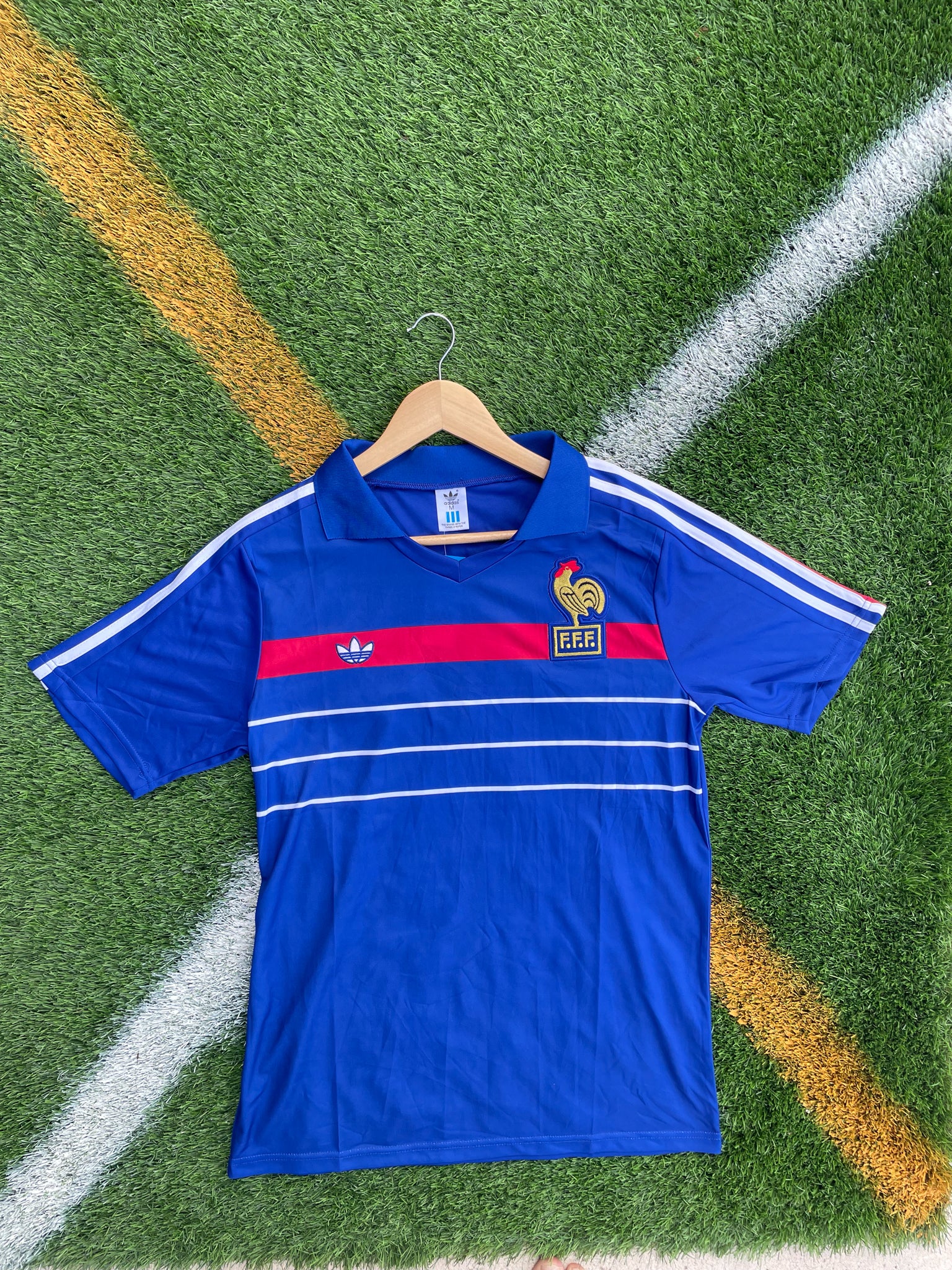 Front view of France 1986 vintage home jersey in classic blue

