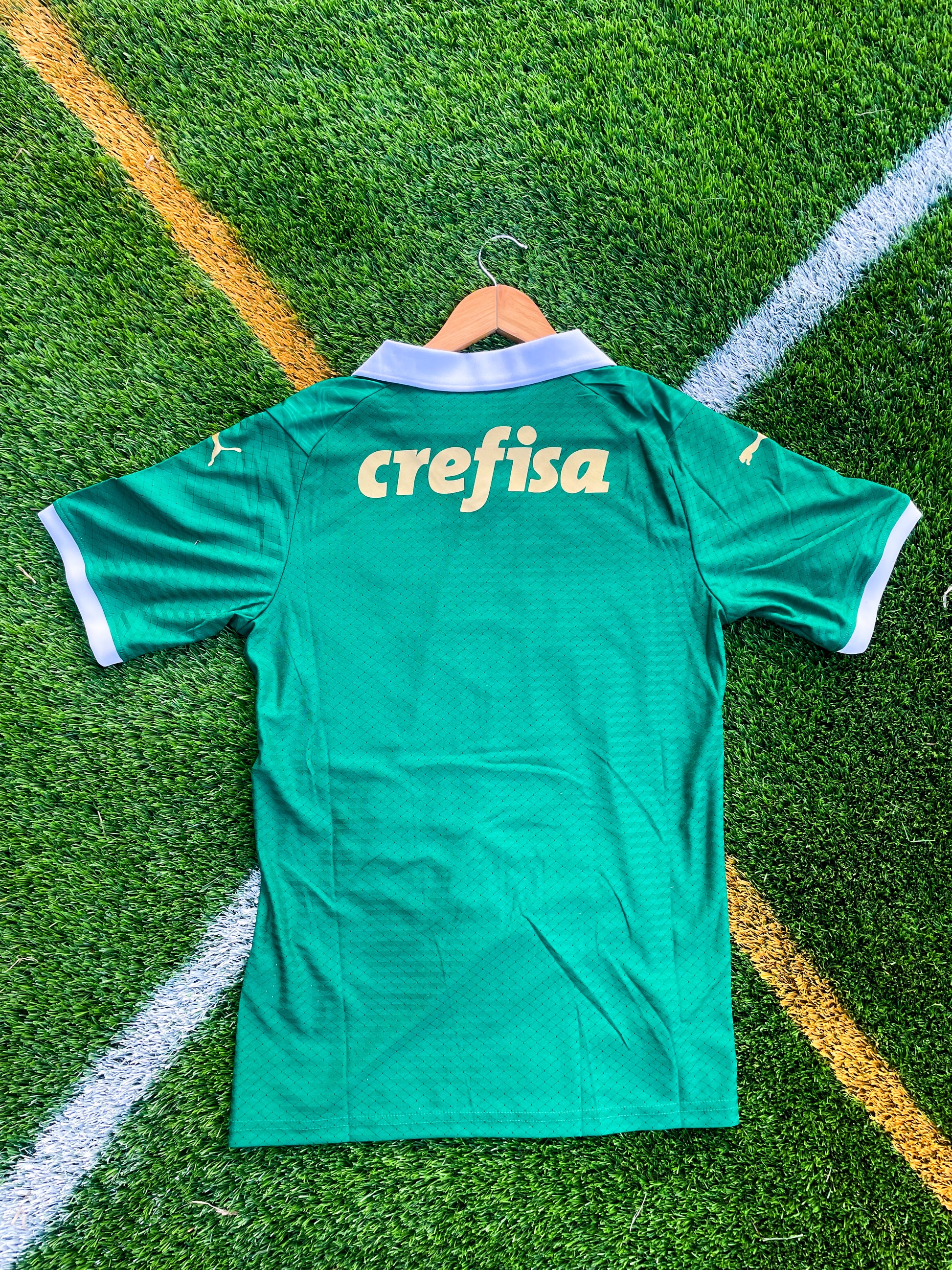 Close-up of Palmeiras crest and Puma logo detailing

