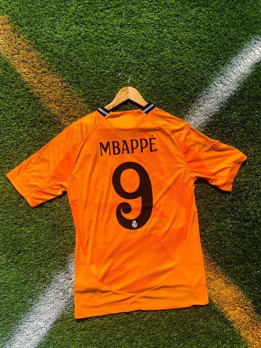 Real Madrid 2024-2025 Away Jersey – Mbappé #9 & Bellingham #5 Modern Orange Adidas Football Shirt - Five Of Cups Official