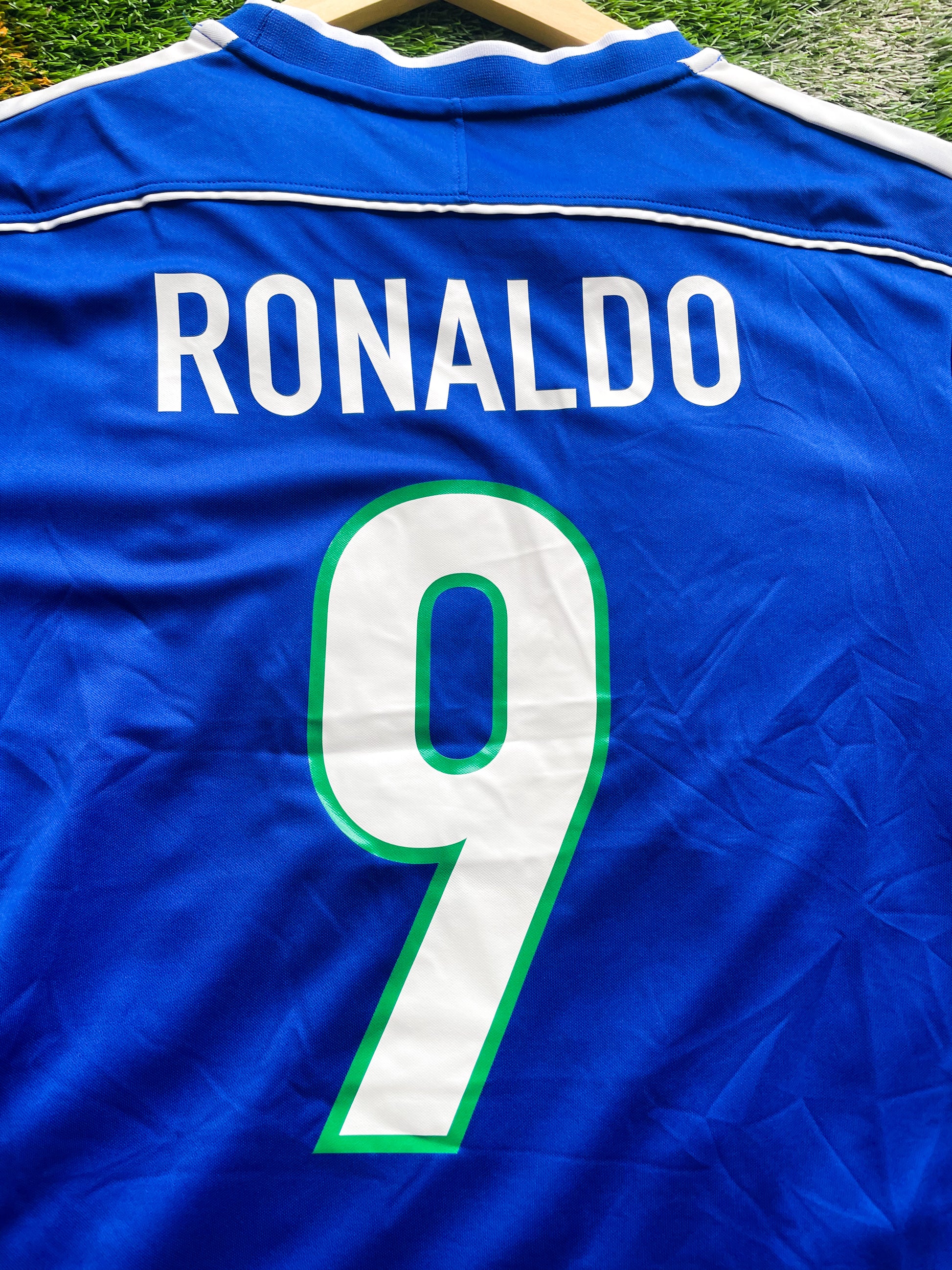 Back view showing Ronaldo #9 on the Brazil 1998 Away kit