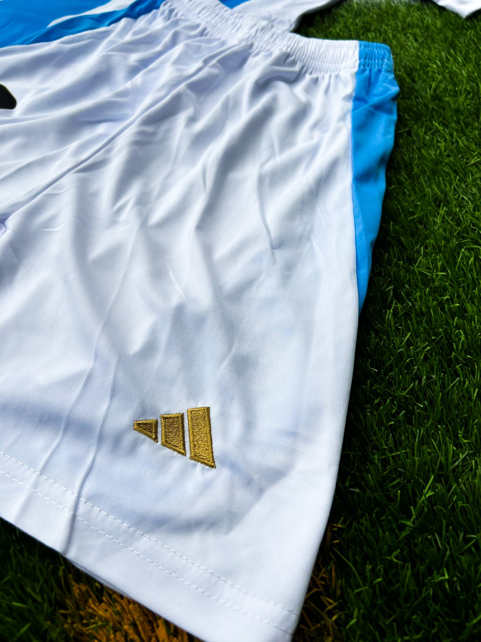 Detail shot of fabric texture and updated 2024 design elements on the kids' shorts. 