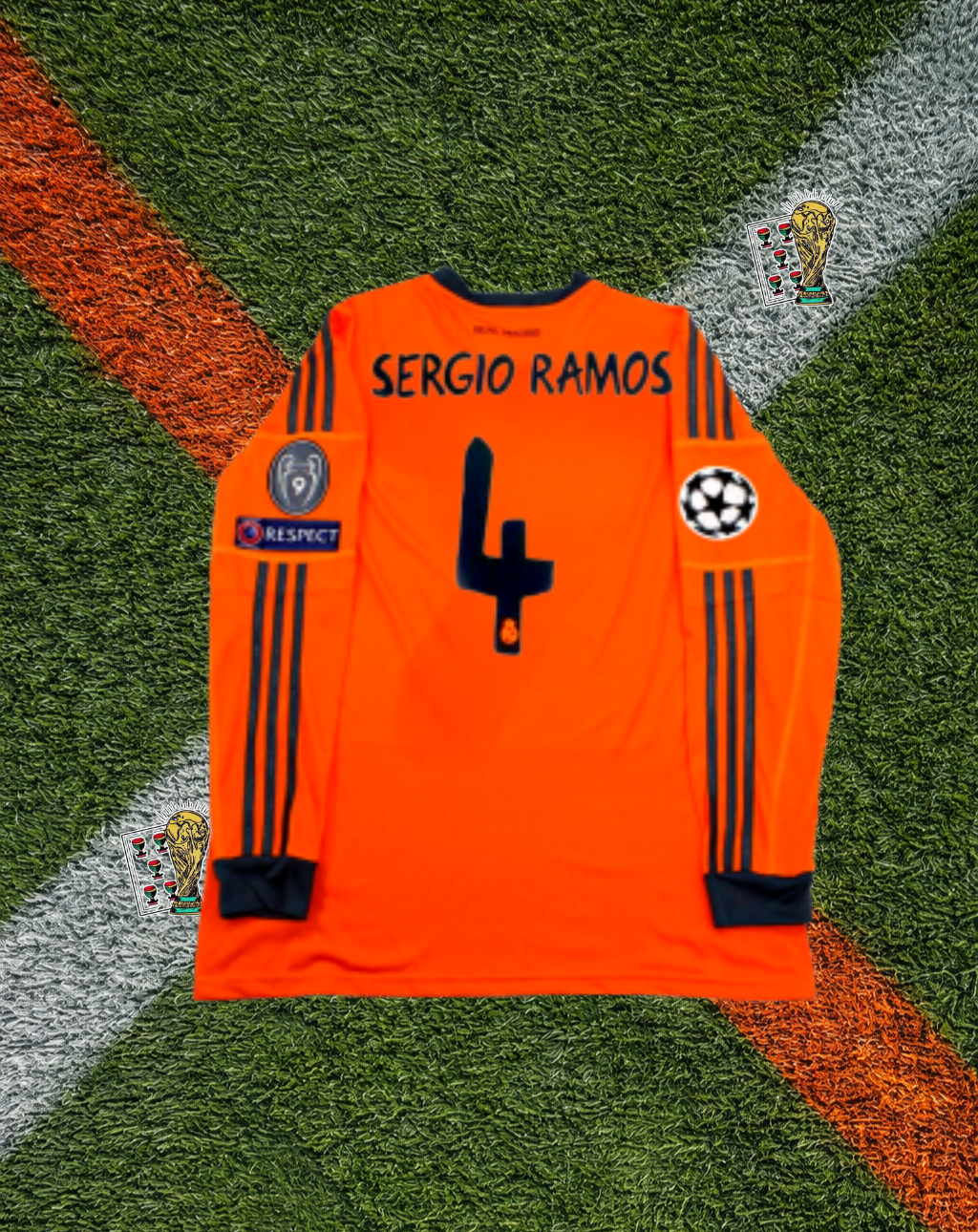 Real Madrid 2013–14 Away Long Sleeve UCL Shirt – Sergio Ramos #4 Adidas Orange Kit